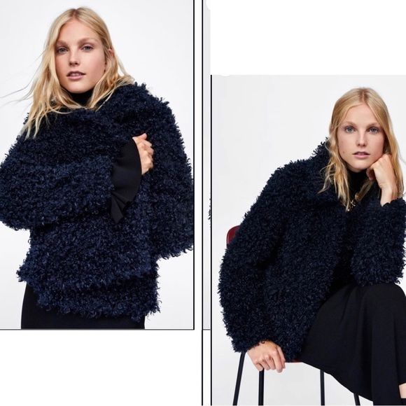 Zara navy blue faux shearling fur teddy jacket coat Sz S - Picture 4 of 13
